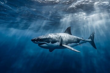 Fototapeta premium A fierce shark moving silently in deep blue water, its sleek body reflecting light beams from above 
