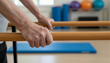 Senior man hands holding parallel bars during physical therapy session in rehabilitation clinic