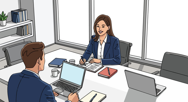 Female HR manager interviewing male job candidate in modern office