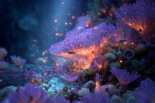 A glowing coral reef filled with marine life including small fish, shrimps, and mollusks in harmony