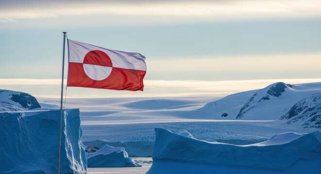 Greenlandic flag waving against a dramatic Arctic sky, symbol of sovereignty