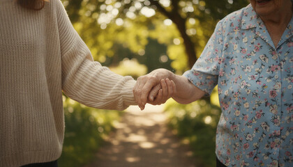 Elderly woman and caregiver holding hands while walking in sunny park during autumn