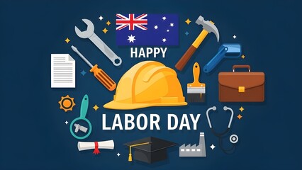 Flat design Labor Day banner with modern typography and work-related icons, perfect for online promotion and holiday greetings.