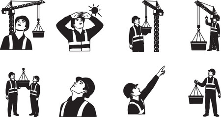 Obraz premium 6 Black Solid Workers Observing Crane Lifts Silhouettes Set on White Background