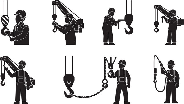 6 Black Solid Crane Hook Inspection Silhouettes Set on White Background
