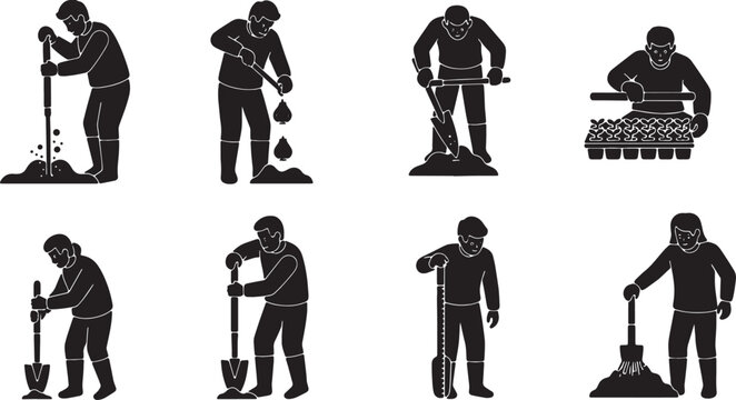 6 Black Solid Dibber Planting Silhouettes Set on White Background