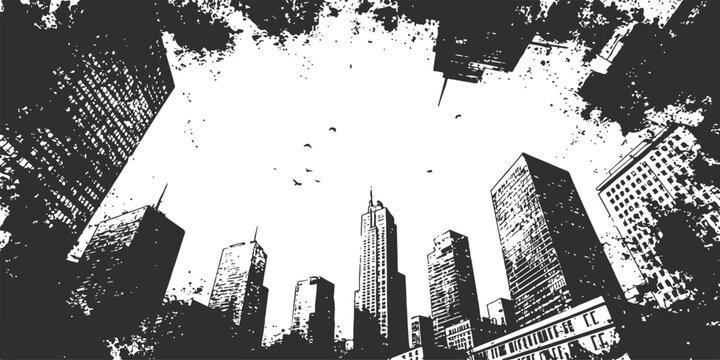 Skyscraper silhouette against a bright sky with textured border isolated on white background