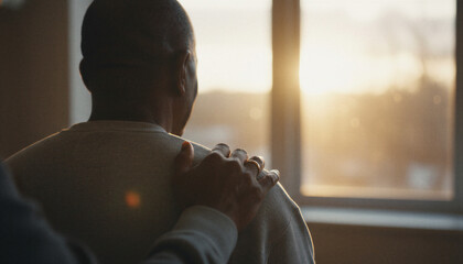 Senior African American man receiving comfort with hand on shoulder while looking out window at sunset