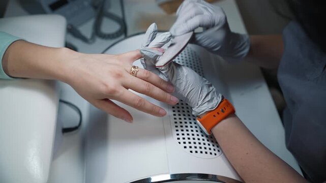 Shaping free edge of natural nail at the beginning of manicure process
