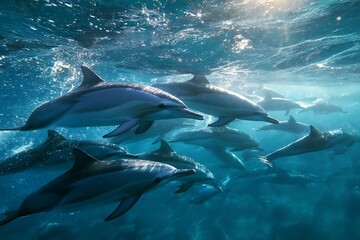 Fototapeta premium A pod of playful dolphins circling together beneath the ocean surface in harmony