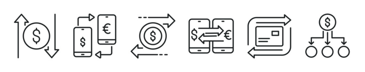 Money transaction thin line icon set. Web minimal editable stroke icons