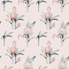 Tropical seamless pattern with flamingo. Watercolor tropic drawing, rose bird and greenery palm tree, tropic green texture, exotic flower