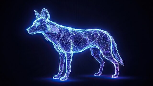 Abstract digital artwork of a canine creature in glowing blue lines