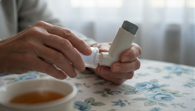 Senior woman hands holding asthma inhaler and spacer device at home table with tea cup