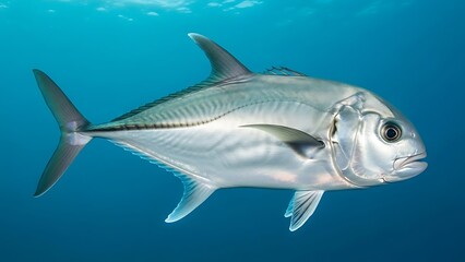 Obraz premium A large, silvery fish with prominent fins swimming gracefully in clear blue ocean water.
