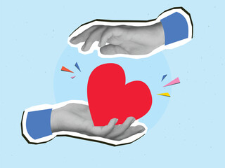 Hands holding a big red heart. Modern collage style. Vector illustration