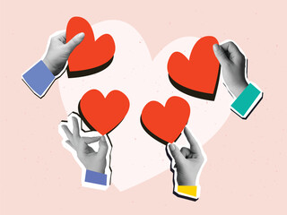 Black and white hands holding hearts. Modern photo collage style. Vector illustration
