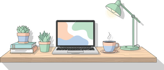 Minimalistic home workspace with laptop plants and desk lamp for productivity