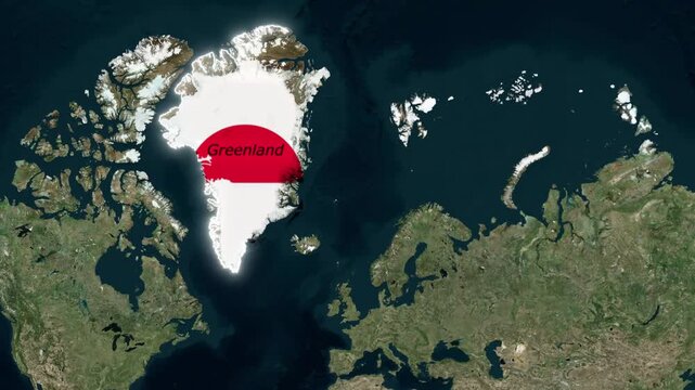 Greenland Map Zoom-in Satellite View Animation with National Flag for Arctic Geopolitics, Climate Change Impacts, Global Warming Research, and Natural Resource Discovery