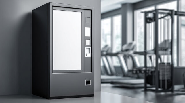 Modern vending machine placed inside a clean, bright gym with exercise equipment in background. A sleek, contemporary vending machine stands ready for use in a well-lit fitness center.