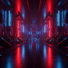 Futuristic Neon-Lit Sci-Fi Corridor with Sleek Cars in a Modern Industrial Setting