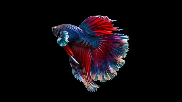 Vibrant blue and red Betta fish with flowing fins swimming gracefully against a dark background.