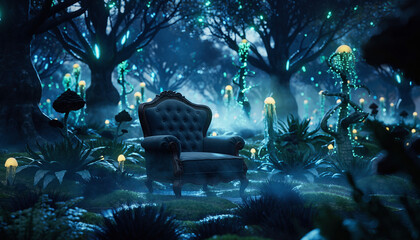 Enchanting Forest Scene with an Antique Chair Illuminated by Bioluminescent Fungi and Ethereal Lights