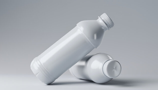 Two clean, empty white plastic bottles with caps, isolated on a seamless light gray background, ready for product placement