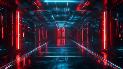 Futuristic Neon Corridor with Red and Blue Lights in Dark Space