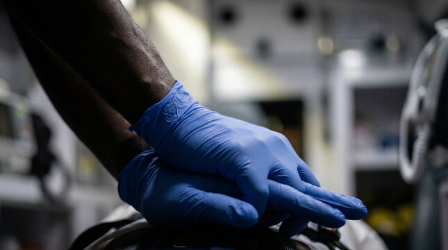 Paramedic hands in blue nitrile gloves performing CPR chest compressions on patient inside ambulance vehicle