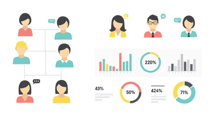 Fototapeta premium Infographic Depicting Organizational Hierarchy and Data Analytics with Charts and Percentage Metrics