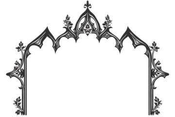 Elaborate gothic archway with intricate floral and geometric details, isolated on black background for design elements