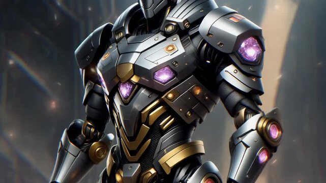 &ldquo;Full-body titanium mecha armor, dark gold joints, silver layered plating, crystal power 