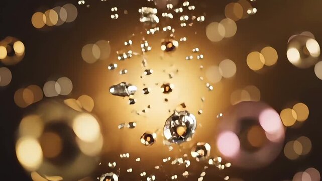 Abstract close-up of luxury pastel-colored bubbles floating in mid-air with a warm, golden glow and soft focus against a dark background.