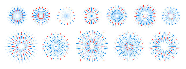 Set of holiday colorful firework explosion isolated on white background. Independence day of America. Vector illustration