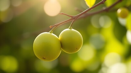 sudachi. A fresh sudachi lime on a branch against a blurred green background, morning sunlight. bar promotions, beverage menus, designed for product packaging and bar promotions.