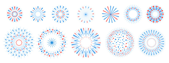 Set of holiday colorful firework explosion isolated on white background. Independence day of America. Vector illustration