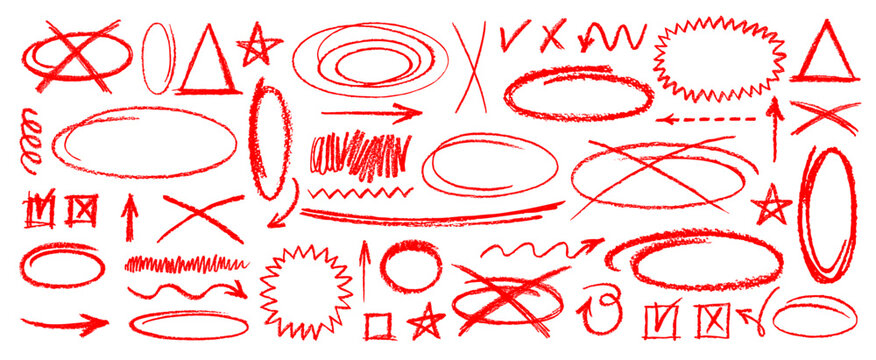 Circle highlight, chalk oval. Hand drawn line circles and ovals by pencil, crayon, pen, marker, brush, chalk. Rough round underline sketch. Outline doodle png. Text box handwriting vector in red color