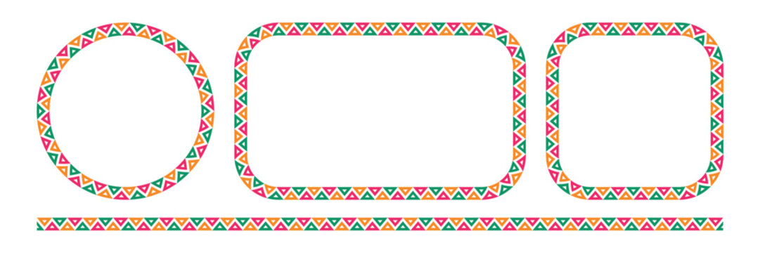 Mexican triangular pattern circle and rectangle frames set. African ethnic motif border. Aztec ornament frame. Mexican ornament. text frame. Vector illustration isolated on white background.