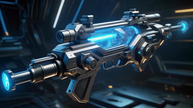 &ldquo;Futuristic sniper rifle, titanium chassis, crystal energy chamber, blue neon underglow&rdquo;