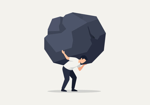 Man carrying a large dark rock on his back with effort.