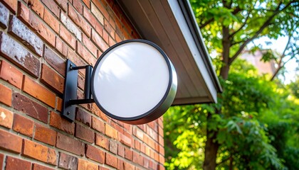 丸いカフェ看板・モックアップ・レンガの壁と青空