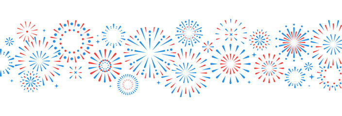 Set of holiday colorful firework explosion isolated on white background. Independence day of America. Vector illustration