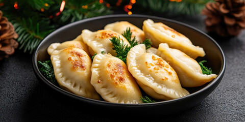 Golden fried pierogi stuffed with cabbage and mushrooms on a dark plate, garnished with fresh parsley and festive pine branches for a cozy Christmas meal