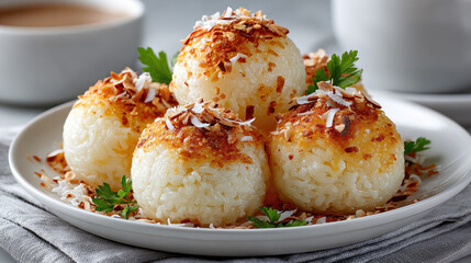 artistic food photography of golden fried coconut rice balls, served with dipping sauce, copy space