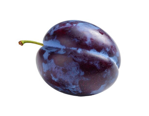 A single ripe plum isolated on a black background, with stem and smooth, dark purple skin