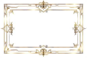 Elegant golden art deco frame with ornate swirling floral motifs and geometric patterns on a transparent background, perfect for invitations and decorative borders.