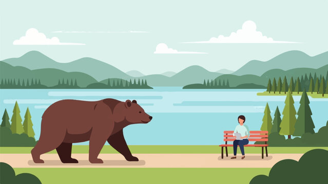 A bear walks near a person sitting on a bench by a lake