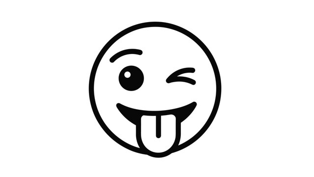 Simple black and white line art of a winking emoji face with its tongue sticking out in a playful and silly expression.