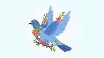Fototapeta premium A blue bird adorned with vibrant flowers in mid-flight against a light blue background